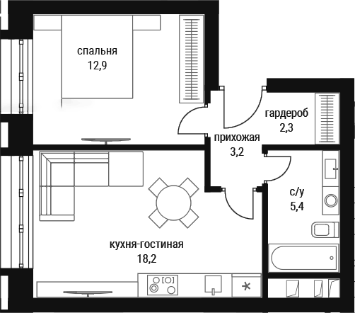 Планировка евродвушка (2Е) 43.1 м² в ЖК «Шелепиха», корпус Башня Б