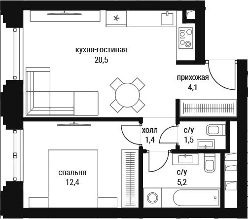 Планировка евродвушка (2Е) 45.1 м² в ЖК «Шелепиха», корпус Башня А