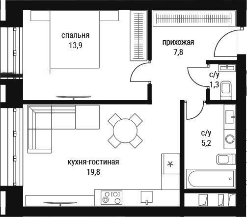 Планировка евродвушка (2Е) 48 м² в ЖК «Шелепиха», корпус Башня Б