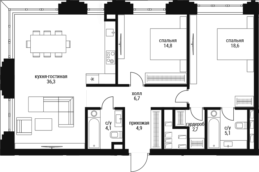 Планировка евротрёшка (3Е) 93.2 м² в ЖК «Шелепиха», корпус Башня А