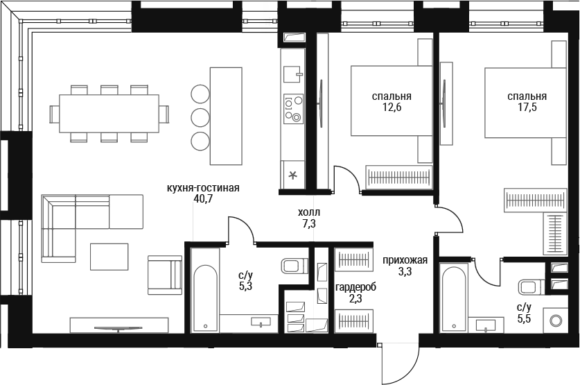Планировка евротрёшка (3Е) 94.5 м² в ЖК «Шелепиха», корпус Башня Б