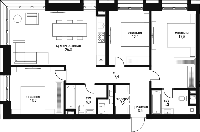 Планировка евро-4 (4Е) 93.4 м² в ЖК «Шелепиха», корпус Башня Б