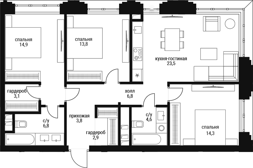 Планировка евро-4 (4Е) 93.9 м² в ЖК «Шелепиха», корпус Башня А