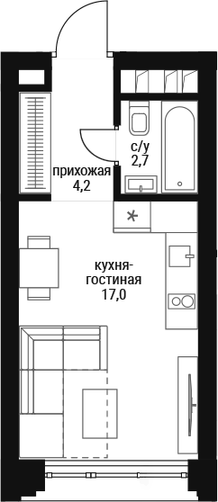Планировка Студии 23.9 м² в ЖК «Шелепиха», корпус Башня А