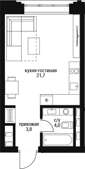 Планировка Студии 29.5 м² в ЖК «Шелепиха», корпус Башня А