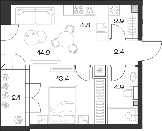 Планировка евродвушка (2Е) 45.3 м² в ЖК «SHIFT», корпус 4