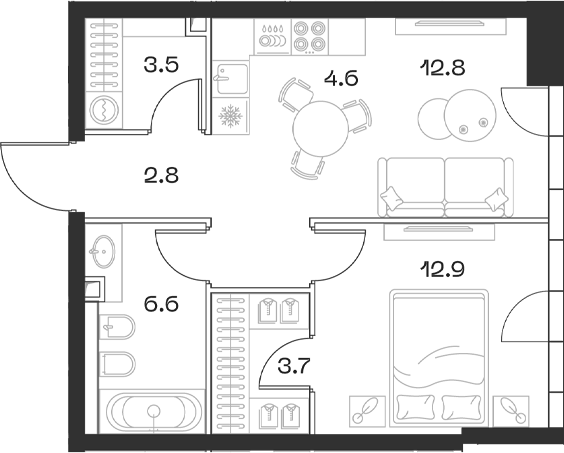 Планировка евродвушка (2Е) 48.7 м² в ЖК «SHIFT», корпус 1