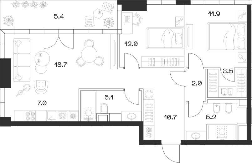 Планировка евротрёшка (3Е) 82.5 м² в ЖК «SHIFT», корпус 3