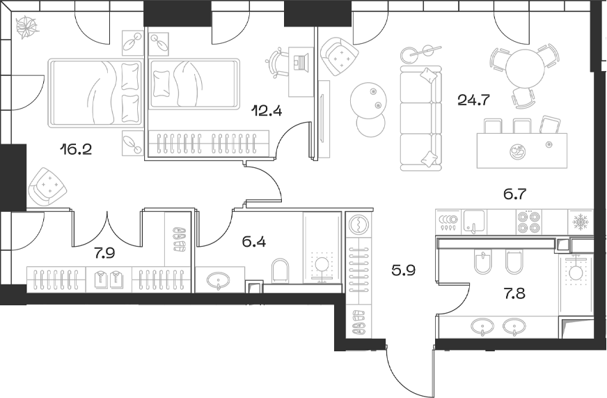 Планировка евротрёшка (3Е) 90.2 м² в ЖК «SHIFT», корпус 1