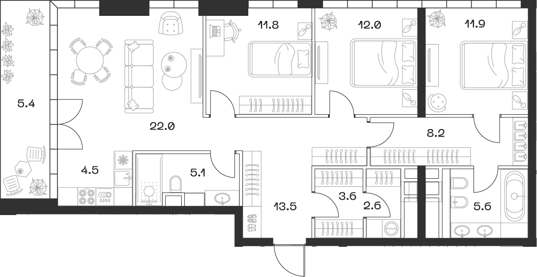 Планировка евро-4 (4Е) 106.2 м² в ЖК «SHIFT», корпус 3