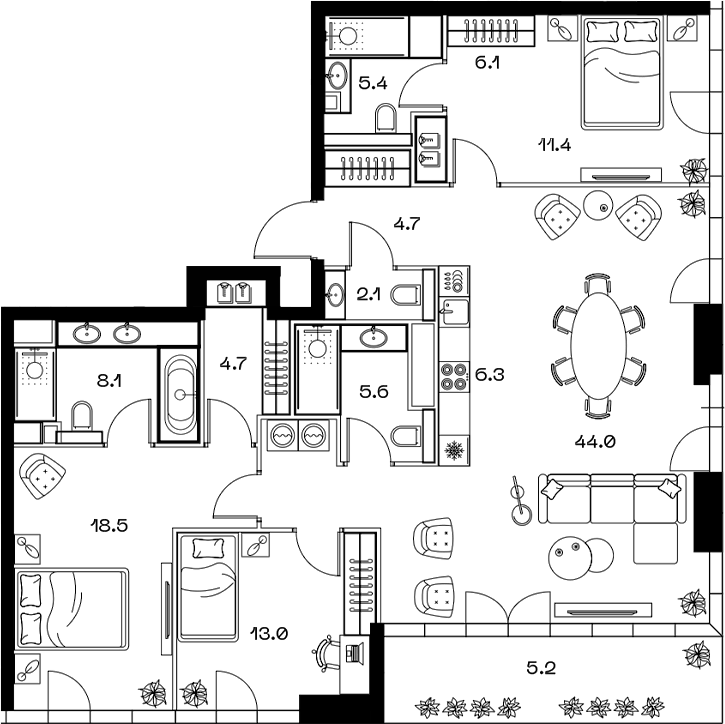 Планировка евро-4 (4Е) 136.4 м² в ЖК «SHIFT», корпус 1