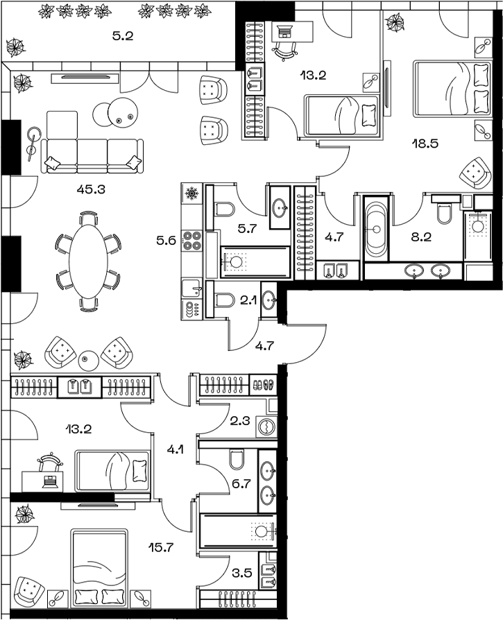 Планировка 5Е-к.кв 158.7 м² в ЖК «SHIFT», корпус 1