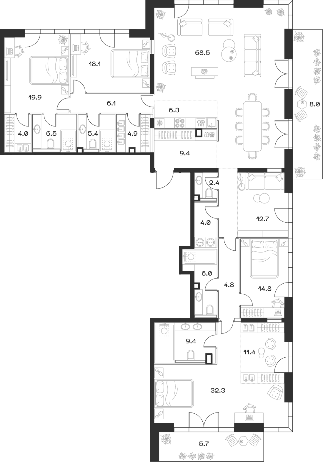 Планировка 5Е-к.кв 268.4 м² в ЖК «SHIFT», корпус 5