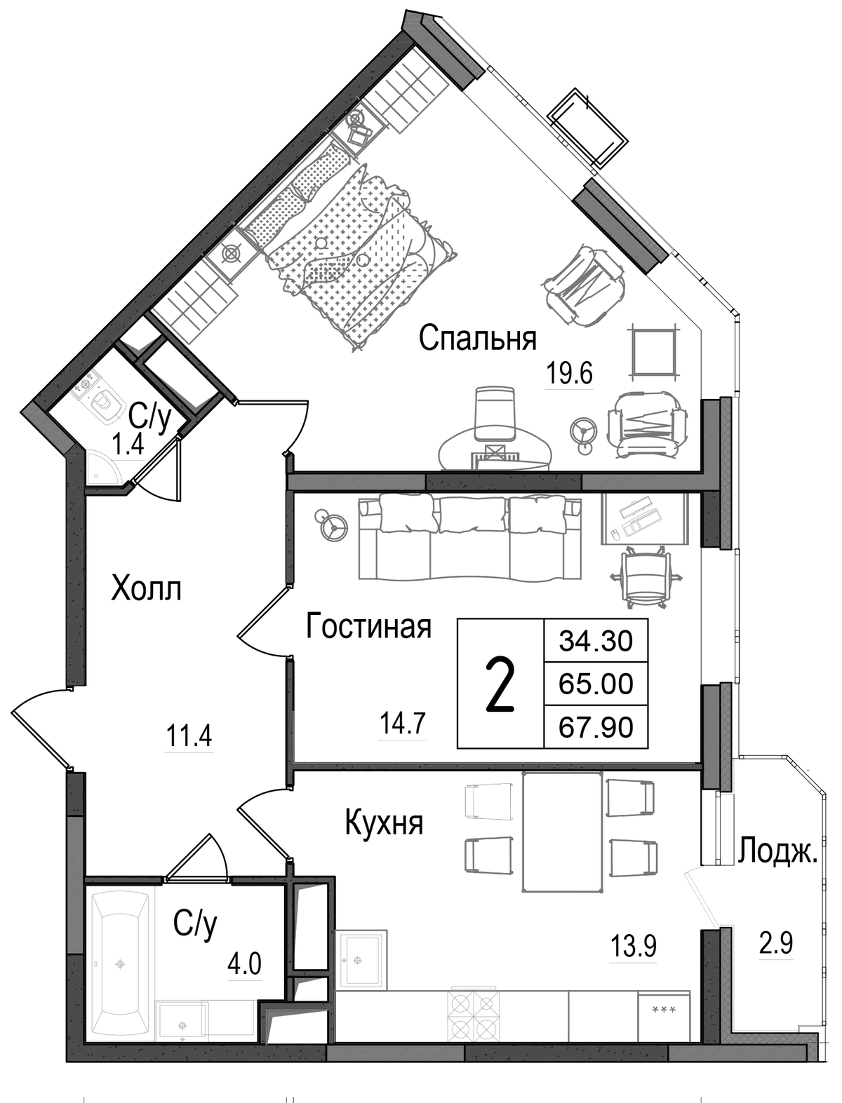 Планировка двухкомнатная 68.7 м² в ЖК «Школьный», корпус 1