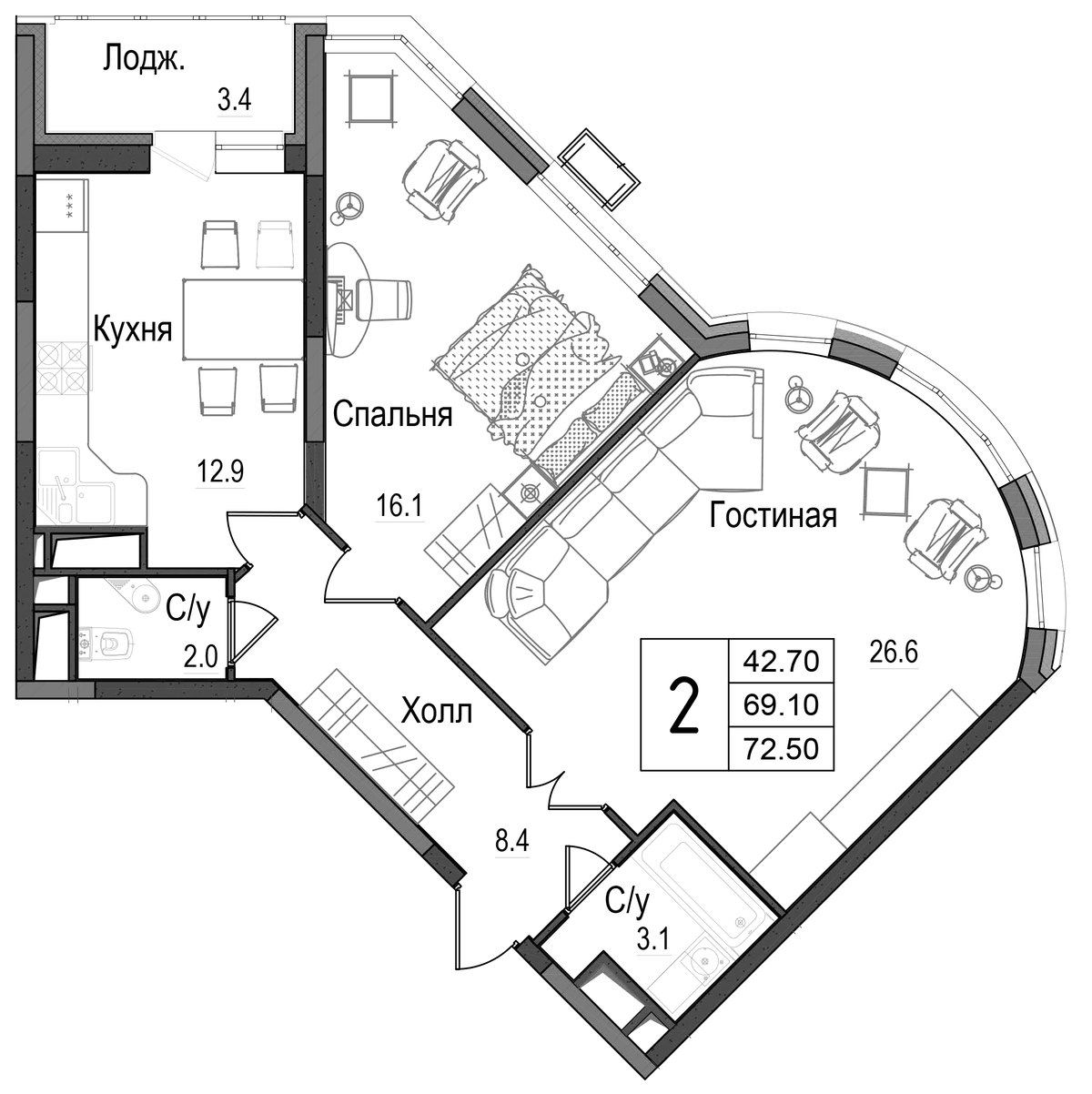 Планировка двухкомнатная 73.3 м² в ЖК «Школьный», корпус 1
