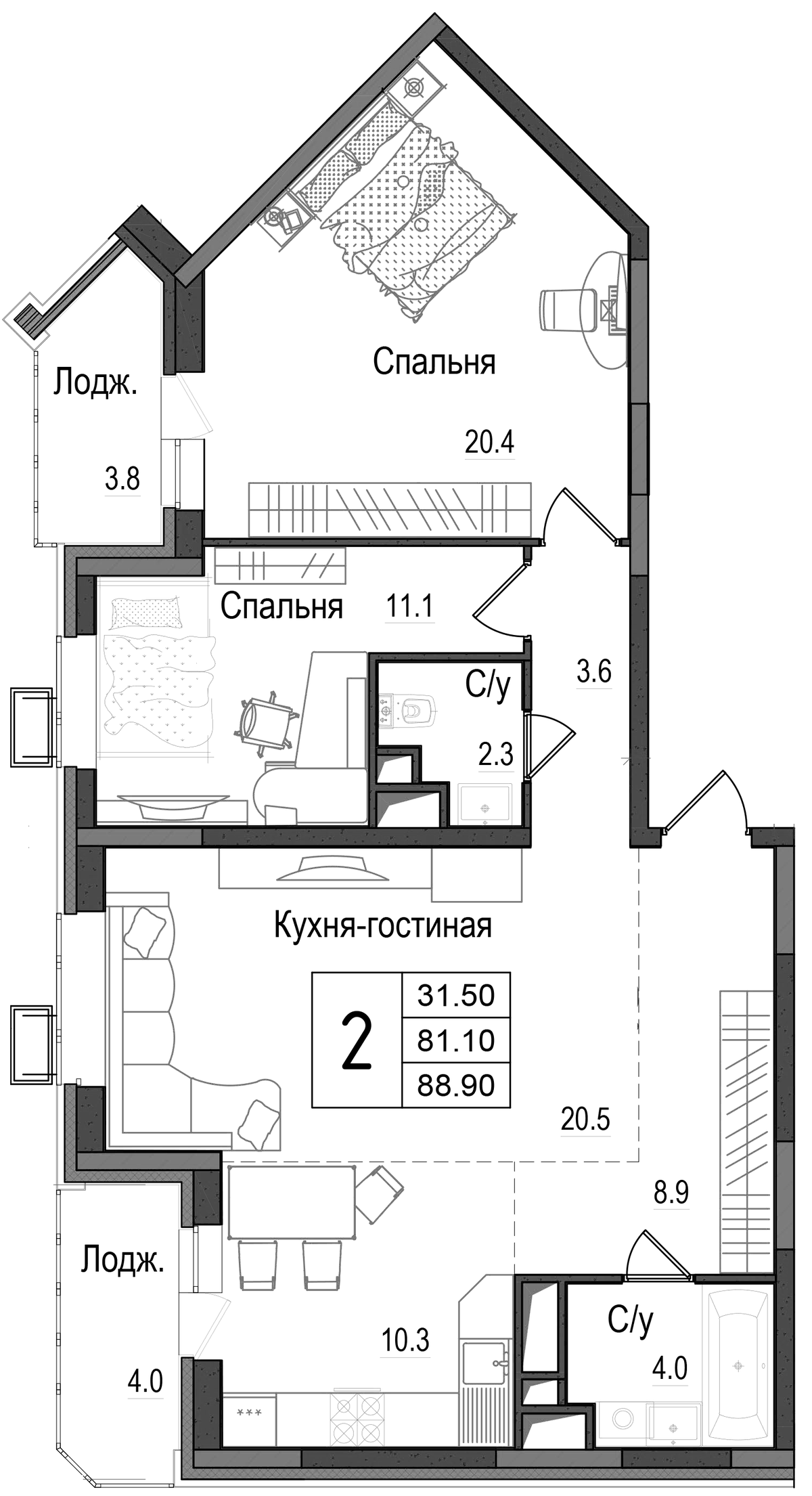 Планировка евротрёшка (3Е) 90.2 м² в ЖК «Школьный», корпус 1