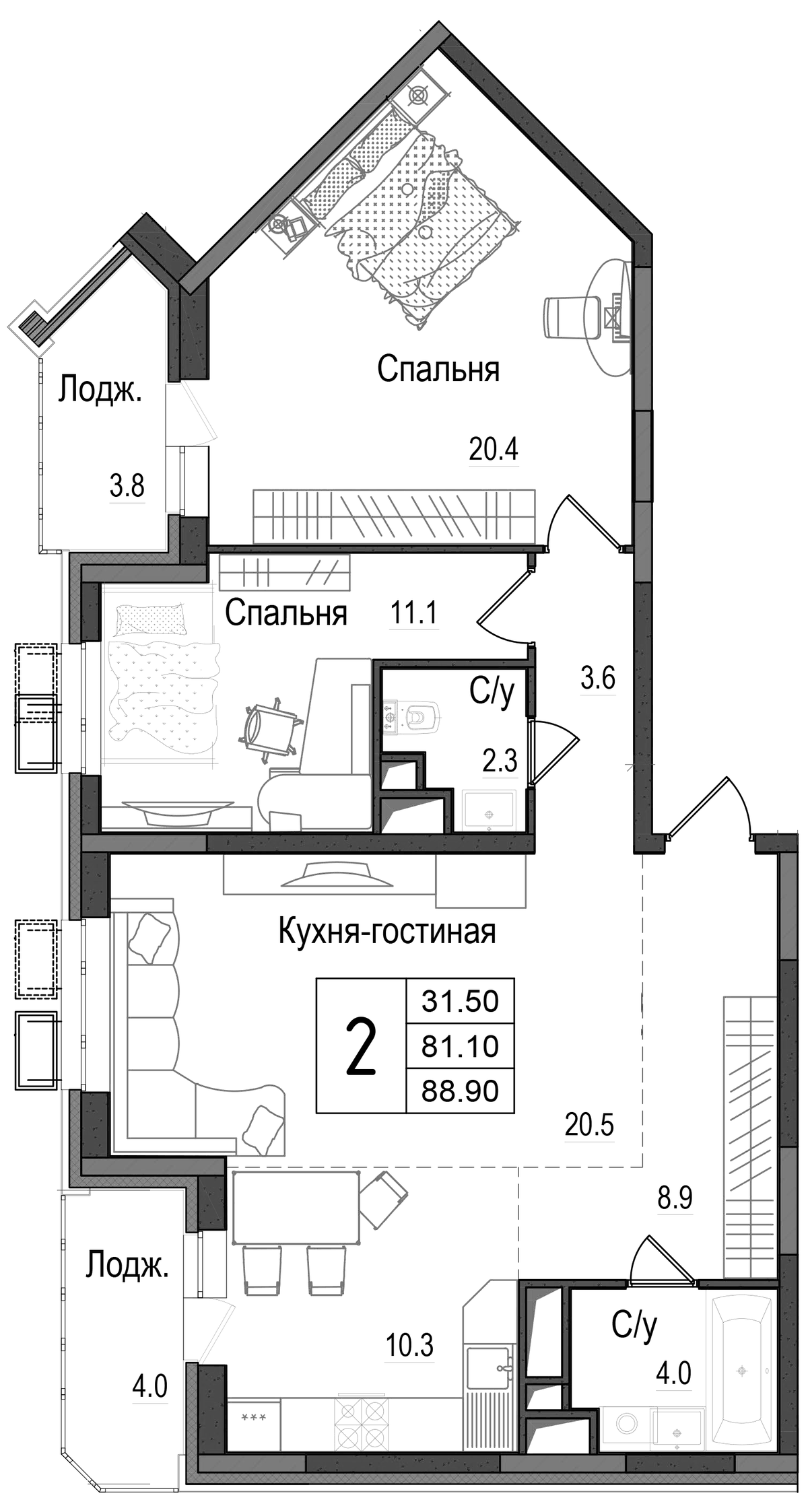Планировка евротрёшка (3Е) 90 м² в ЖК «Школьный», корпус 1