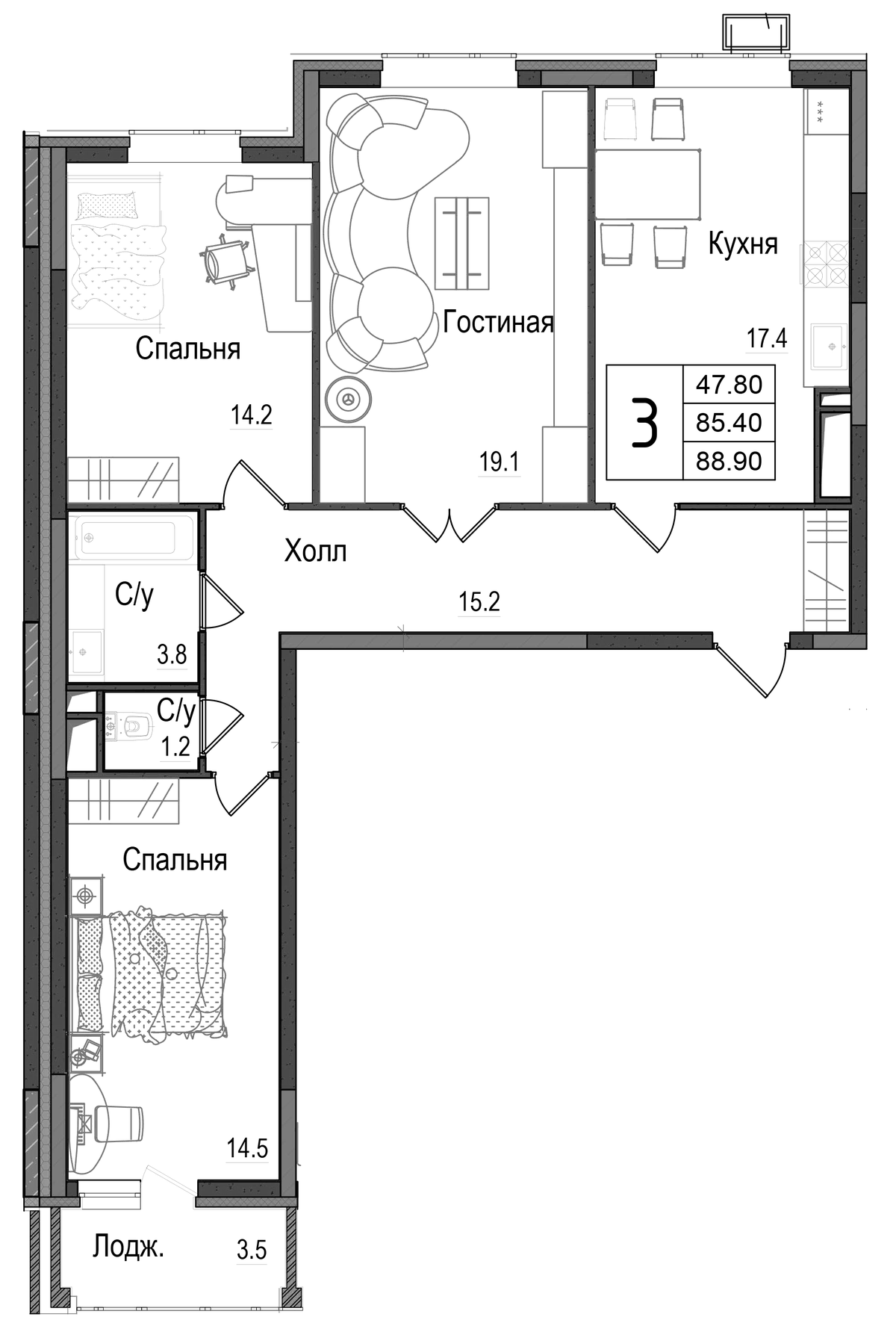 Планировка трёхкомнатная 88.9 м² в ЖК «Школьный», корпус 1