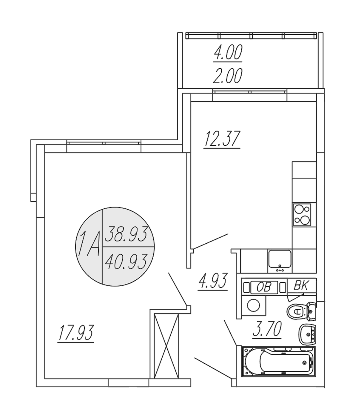 Планировка однокомнатная 40.93 м² в ЖК «Шолохово», корпус 17