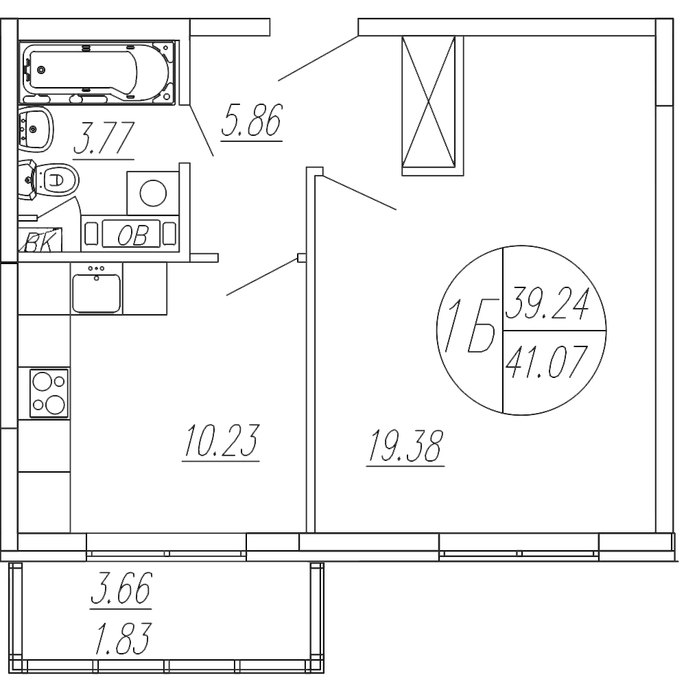 Планировка однокомнатная 41.07 м² в ЖК «Шолохово», корпус 17