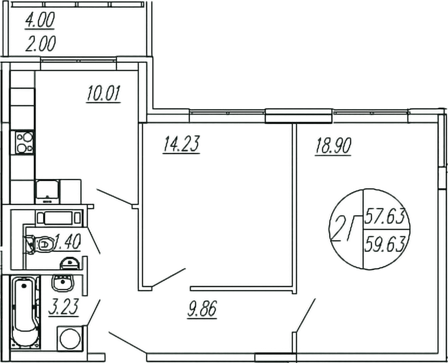 Планировка двухкомнатная 59.63 м² в ЖК «Шолохово», корпус 13