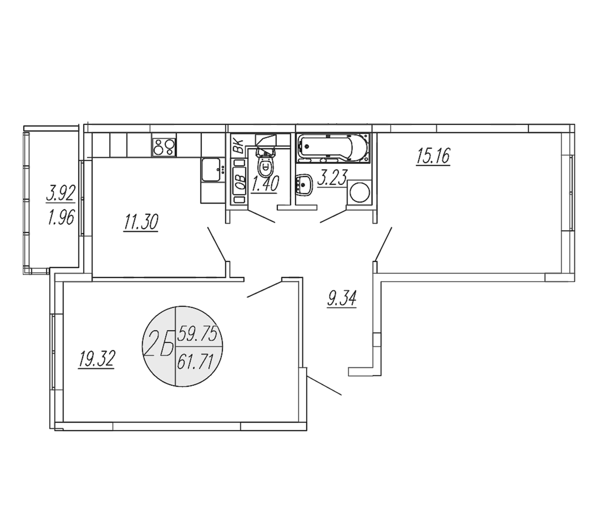 Планировка двухкомнатная 61.71 м² в ЖК «Шолохово», корпус 17