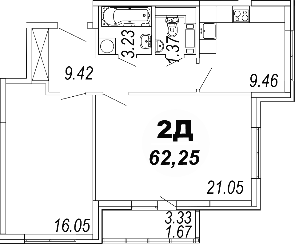 Планировка двухкомнатная 62.25 м² в ЖК «Шолохово», корпус 17