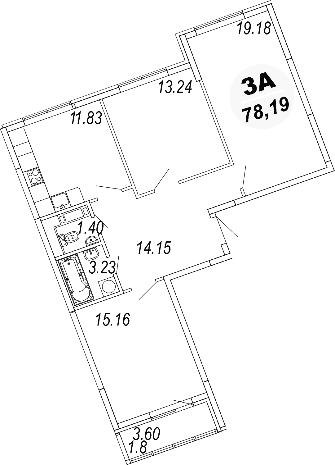 Планировка трёхкомнатная 79.9 м² в ЖК «Шолохово», корпус 16