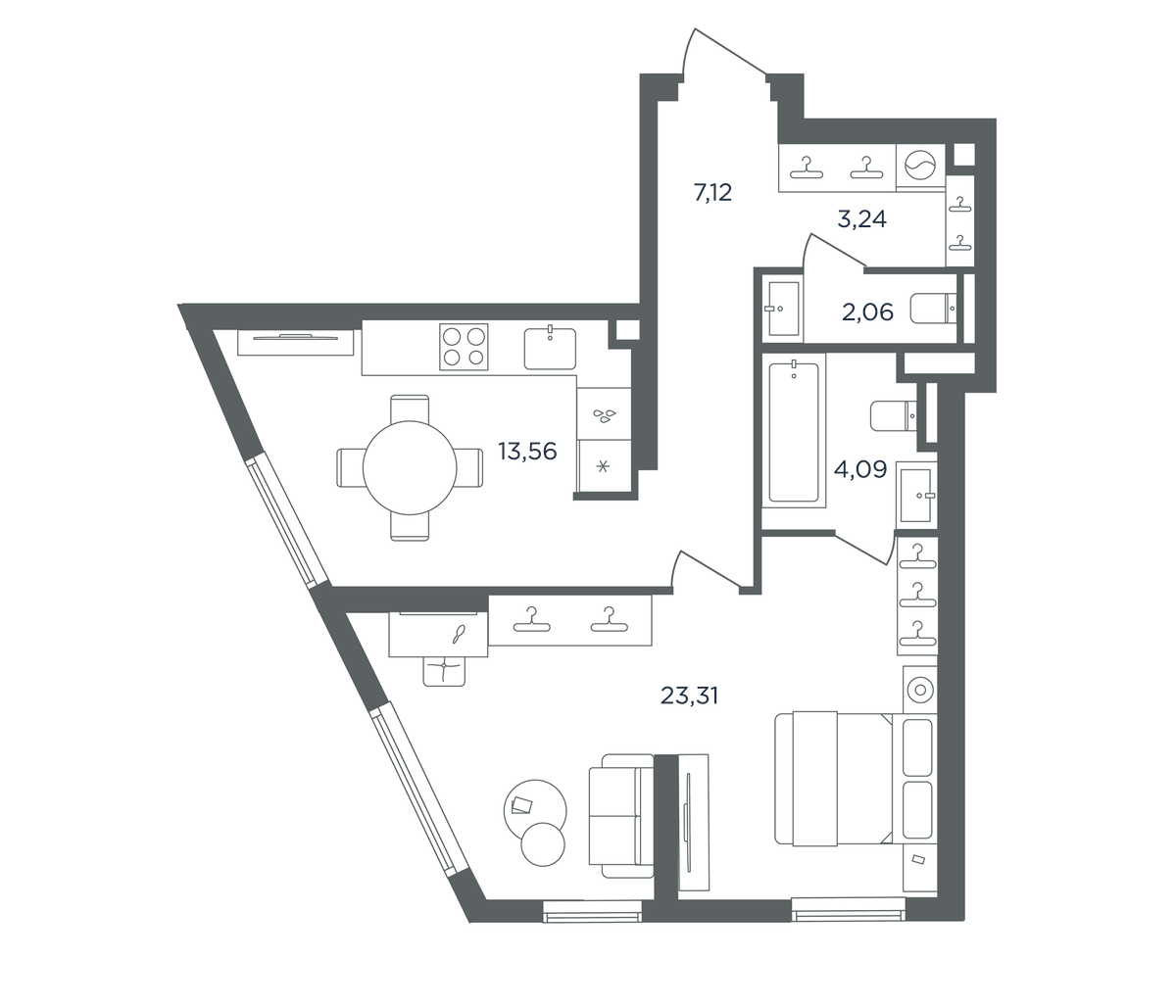Планировка однокомнатная 53.38 м² в ЖК «Сикрет Гарден», корпус Аква