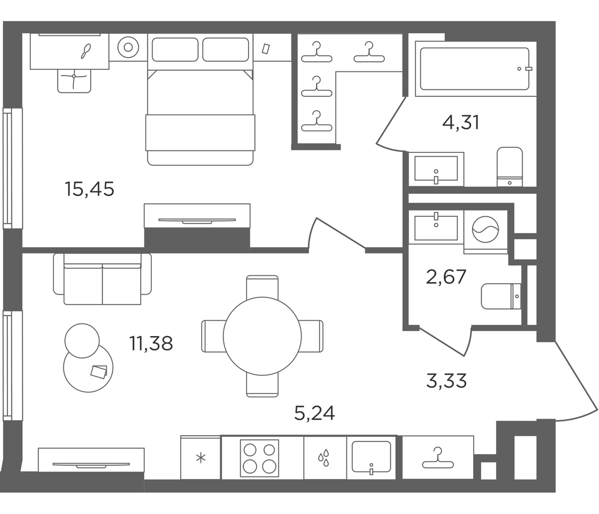 Планировка евродвушка (2Е) 42.38 м² в ЖК «Сикрет Гарден», корпус Аква