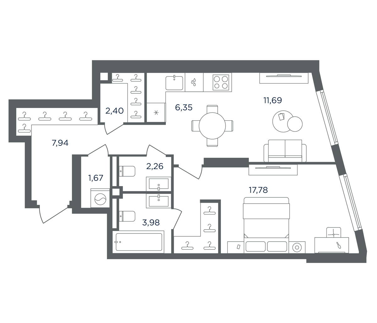 Планировка евродвушка (2Е) 54.07 м² в ЖК «Сикрет Гарден», корпус Аква