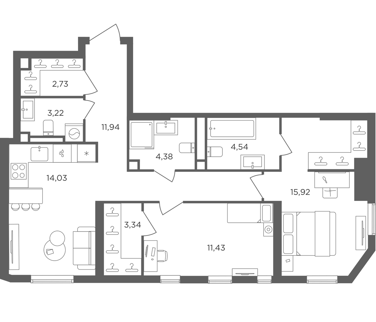 Планировка двухкомнатная 71.53 м² в ЖК «Сикрет Гарден», корпус Аква