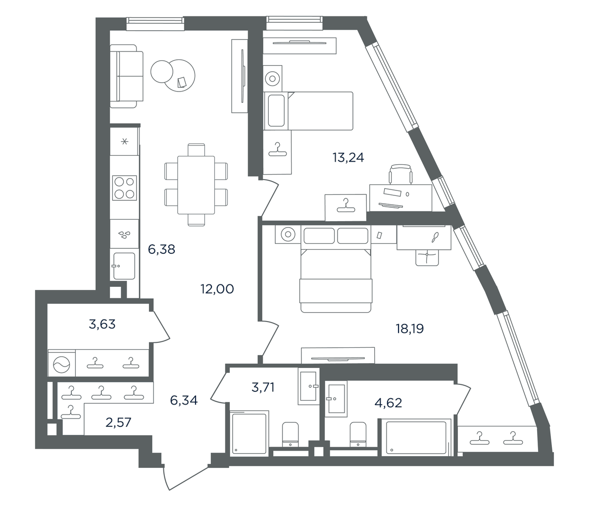 Планировка евротрёшка (3Е) 70.68 м² в ЖК «Сикрет Гарден», корпус Аква