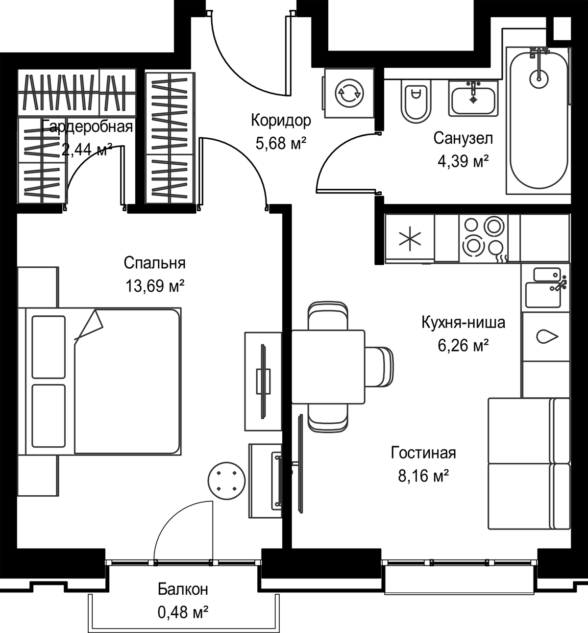 Планировка евродвушка (2Е) 41.1 м² в ЖК «Селигер Сити», корпус Ломоносов (G)