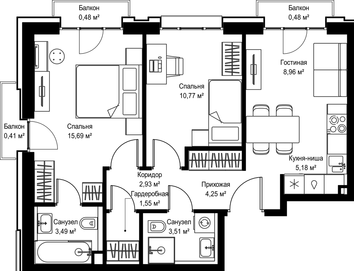 Планировка евротрёшка (3Е) 57.7 м² в ЖК «Селигер Сити», корпус Ломоносов (G)