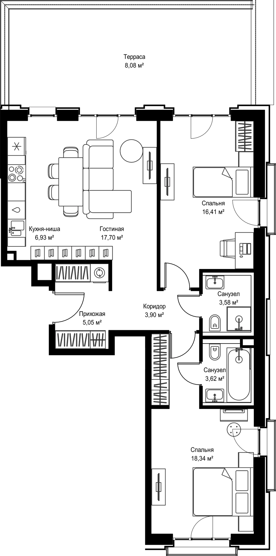 Планировка евротрёшка (3Е) 83.61 м² в ЖК «Селигер Сити», корпус Ломоносов (G)
