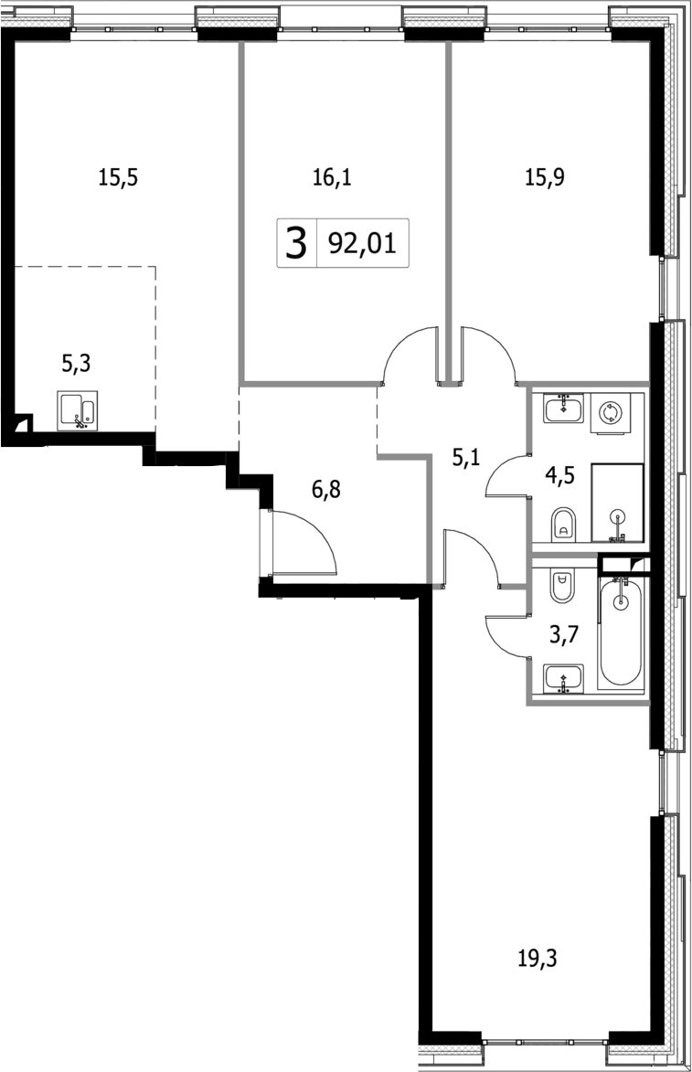 Планировка евро-4 (4Е) 92.01 м² в ЖК «Селигер Сити», корпус Левенгук (F) 