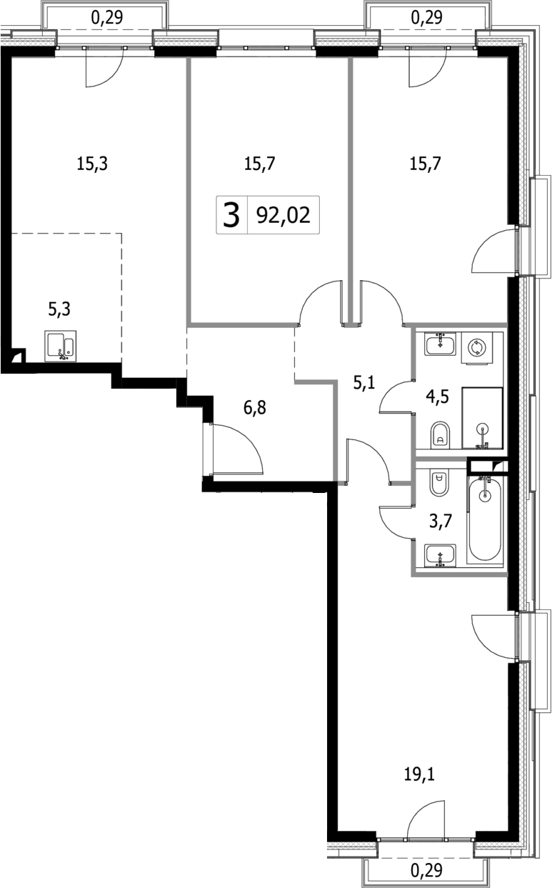 Планировка евро-4 (4Е) 92.02 м² в ЖК «Селигер Сити», корпус Левенгук (F) 