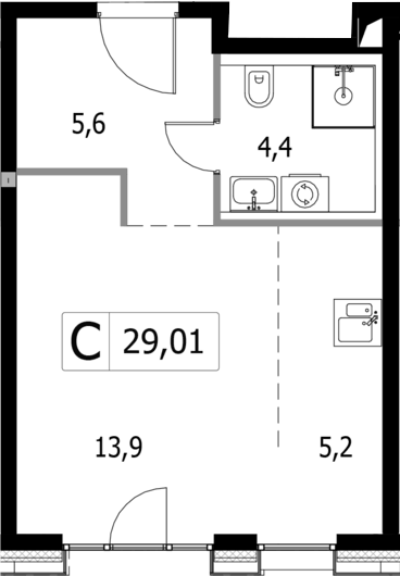 Планировка Студии 29.01 м² в ЖК «Селигер Сити», корпус Левенгук (F) 