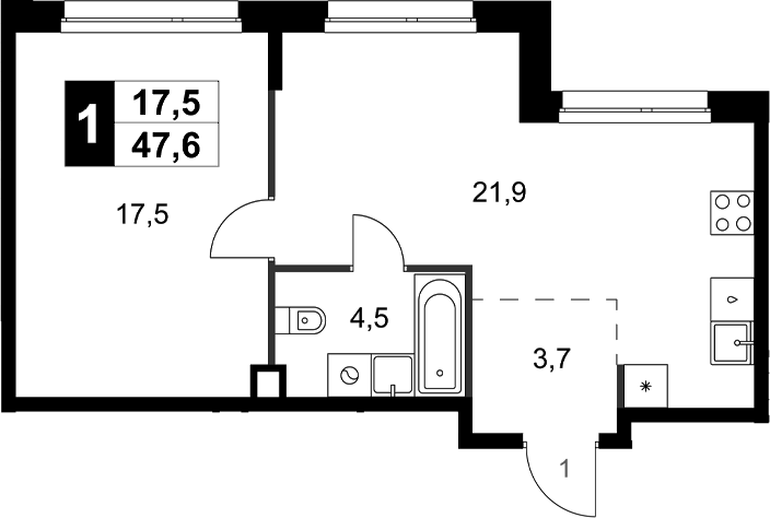 Планировка однокомнатная 47.6 м² в ЖК «Симоновский Вал», корпус 3