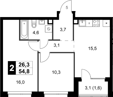 Планировка двухкомнатная 54.8 м² в ЖК «Симоновский Вал», корпус 3