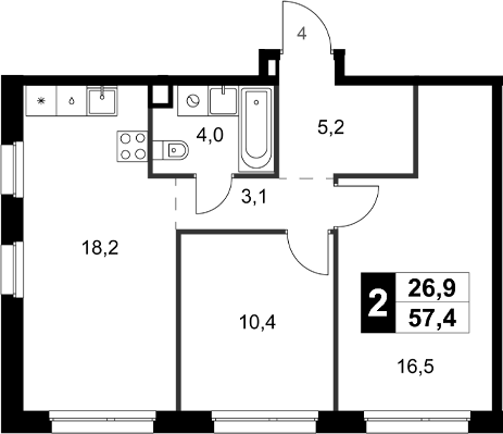 Планировка двухкомнатная 57.4 м² в ЖК «Симоновский Вал», корпус 3