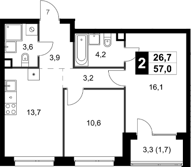 Планировка двухкомнатная 57 м² в ЖК «Симоновский Вал», корпус 3