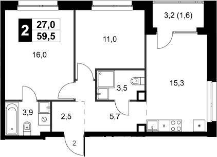 Планировка двухкомнатная 59.5 м² в ЖК «Симоновский Вал», корпус 3