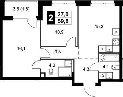 Планировка двухкомнатная 59.8 м² в ЖК «Симоновский Вал», корпус 3