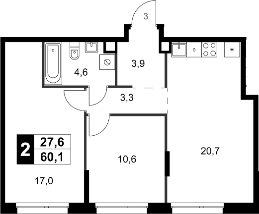 Планировка двухкомнатная 60.1 м² в ЖК «Симоновский Вал», корпус 3