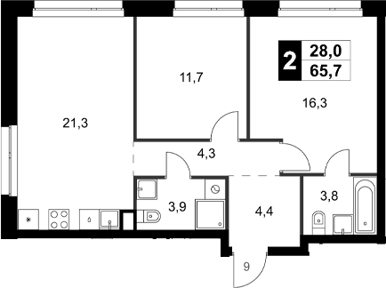 Планировка двухкомнатная 65.7 м² в ЖК «Симоновский Вал», корпус 3