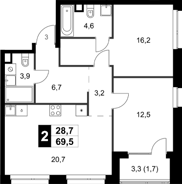Планировка двухкомнатная 69.5 м² в ЖК «Симоновский Вал», корпус 3