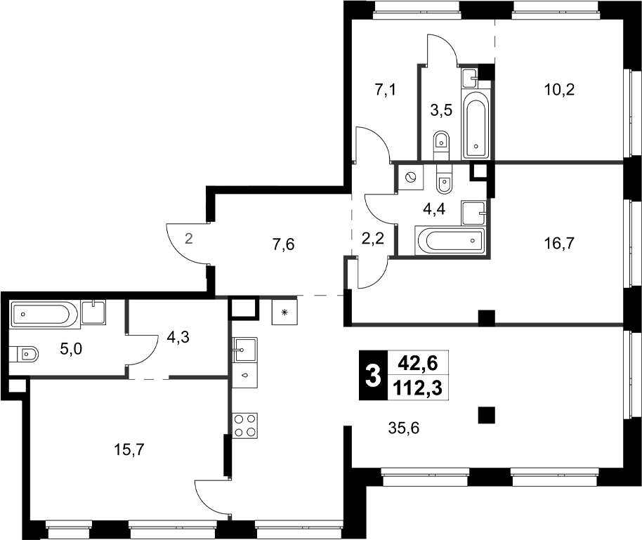Планировка трёхкомнатная 112.3 м² в ЖК «Симоновский Вал», корпус 3