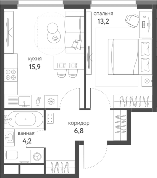 Планировка однокомнатная 40.1 м² в ЖК «Сиреневый парк», корпус 4